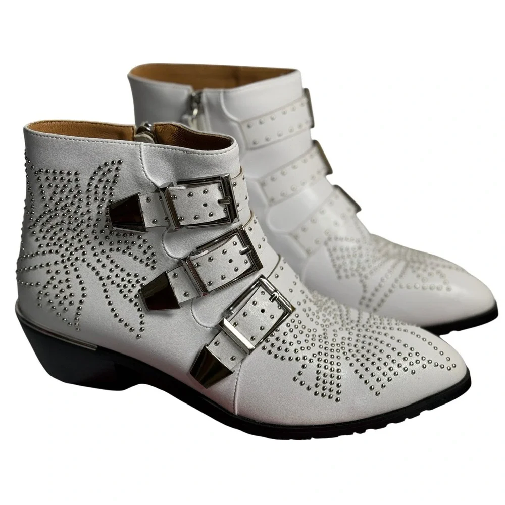 Yolanda Bootie‎ White Silver Studded Triple Buckle Pointed Toe Ankle Boots 7.5